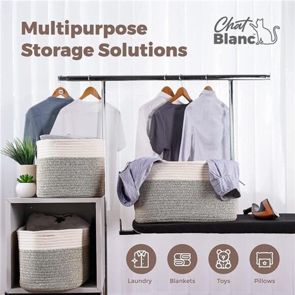 Cotton Rope Storage Baskets 3 Pack Off White Brown Laundry Toy Organizer Bin - Picture 5 of 7